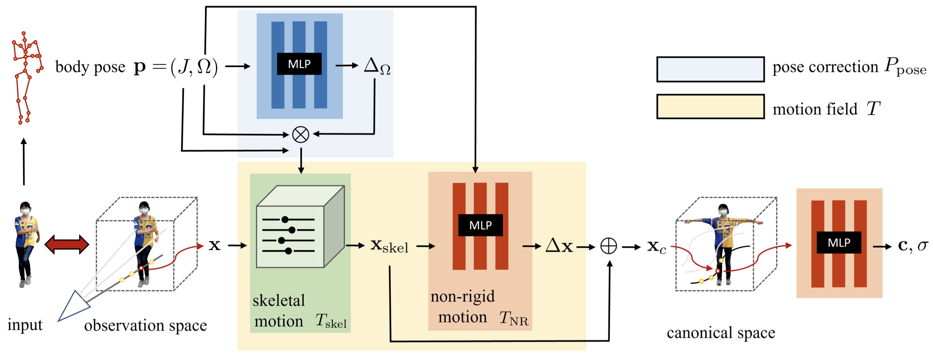 Fig.2. Overview. 我們的方法以視頻幀為輸入,並針對標準外觀進行優化,將其呈現為連續場,同時也為從觀察空間到標準空間的運動場進行映射。運動場被拆分為骨架的剛性和非剛性運動,分別以離散網格和連續場的形式呈現。我們還使用現有的身體姿態估計器來初始化身體姿態,進一步進行微調,以獲得更好的對齊效果。我們在觀察空間的體積渲染和輸入圖像之間施加了一個損失,以引導優化朝著解決方案的方向進行。